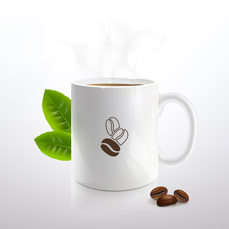 white cup with hot coffee and steam on a light backgroundのイラスト素材