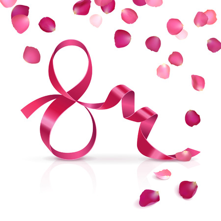 congratulatory banner  march 8 with satin ribbon and rose petals on white backgroundのイラスト素材