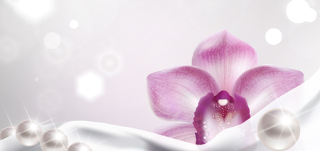 banner with purple orchid and white satin fabric and pearlsのイラスト素材