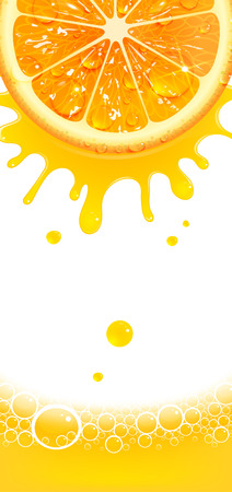vertical banner with juicy orange and splashes of juice on a white backgroundのイラスト素材