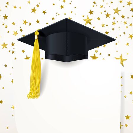 graduate cap with a gold tassel and diploma on the background of gold starsのイラスト素材
