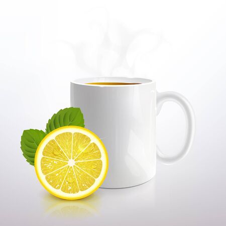 white mug of tea with lemon and mint on a light backgroundのイラスト素材