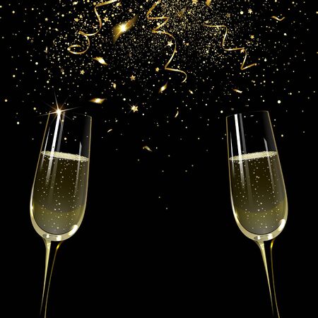 banner with two glasses of champagne on a background of golden confettiのイラスト素材