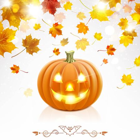 Halloween pumpkin and falling autumn leaves on a light backgroundのイラスト素材