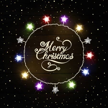 Christmas greeting  with colorful garland and golden confettiのイラスト素材