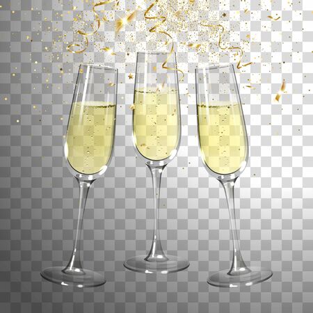 festive champagne glasses and golden confetti on transparent backgroundのイラスト素材
