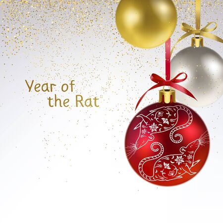 Christmas balls with the symbol of the year a white rat and golden confettiのイラスト素材