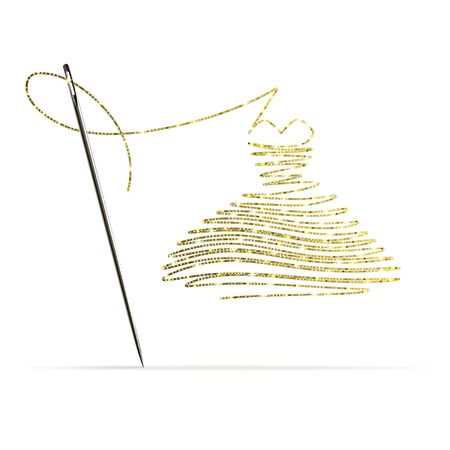 needle with gold thread in the form of a cocktail dress on a white backgroundのイラスト素材