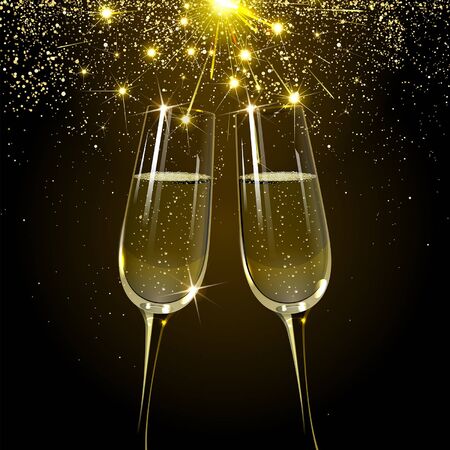 glasses of champagne on the background of a festive fireworksのイラスト素材