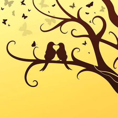 spring romantic birds sit on a tree on a background of a flock of butterfliesのイラスト素材