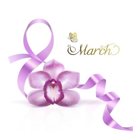 symbol of March 8 with a purple Orchid flower on a white backgroundのイラスト素材