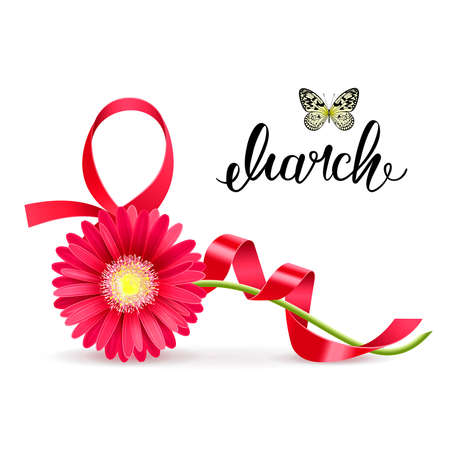 greeting card with March 8 and gerbera on a white backgroundのイラスト素材