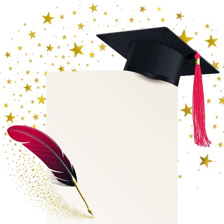 student hat with a red tassel and a diploma on a background of a swirl of gold starsのイラスト素材