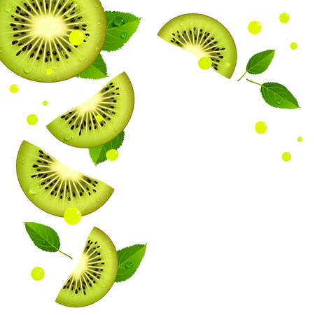 background of juicy kiwi slices and splashes of juice on a white backgroundのイラスト素材