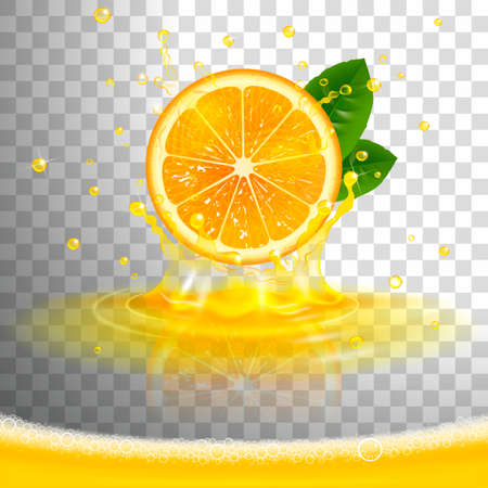 juicy orange with juice splash and squeezed juice foam on transparent backgroundのイラスト素材