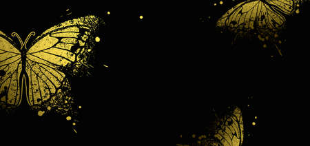banner with golden  decorative butterflies on a black backgroundのイラスト素材