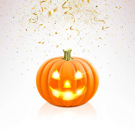 Halloween pumpkin and falling golden confetti on a light backgroundのイラスト素材