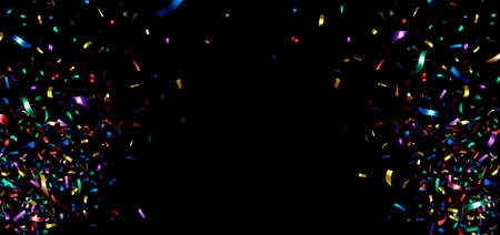 horizontal banner with multicolored shiny confetti on a black backgroundのイラスト素材