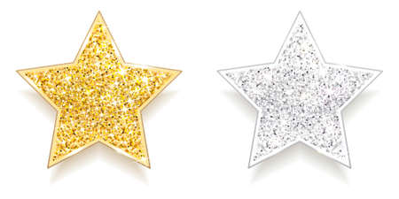set of sparkling gold and silver stars on a white backgroundのイラスト素材