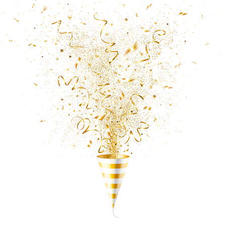 explosion party popper with gold confetti on a white backgroundのイラスト素材