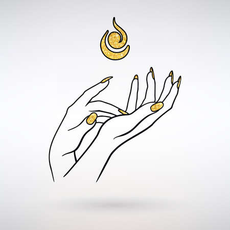 female hands with gold nail polish on a light backgroundのイラスト素材