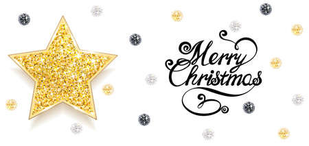 Christmas greeting card with gold star and sequins on a white backgroundのイラスト素材