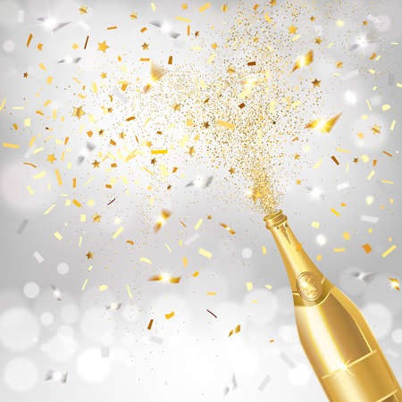 golden bottle of champagne with confetti explosion on silver backgroundのイラスト素材