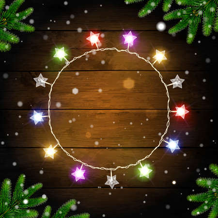 Christmas background with multicolored glowing garland and spruce branchesのイラスト素材