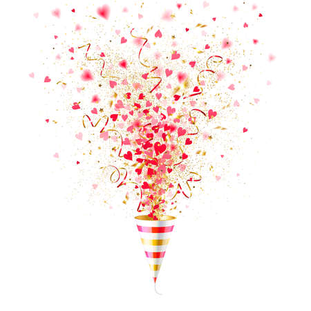 explosion party popper with red hearts on white backgroundのイラスト素材