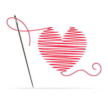 needle with red thread in the shape of a heart on a white backgroundのイラスト素材
