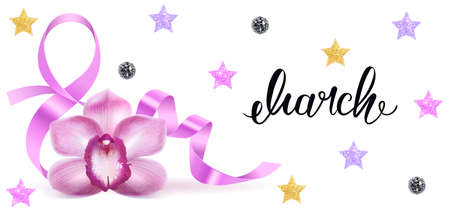 symbol of March eight with a purple Orchid flower and sparkling stars on a white backgroundのイラスト素材