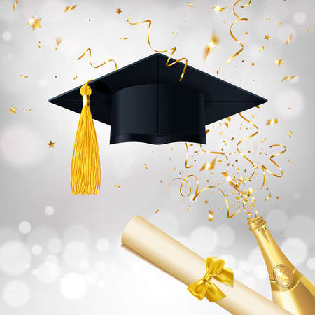 congratulatory banner about getting an education with a bottle of champagne and gold confetti on a silver backgroundのイラスト素材