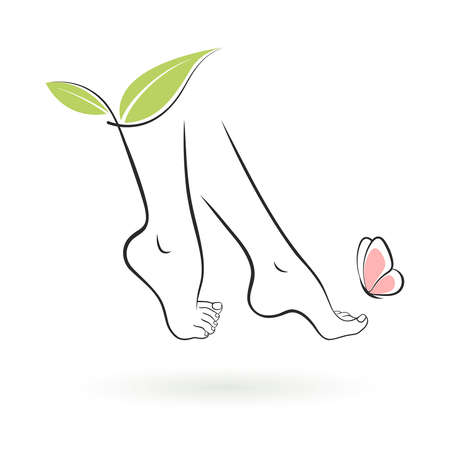 female feet icon with green leaves and butterfly on white backgroundのイラスト素材