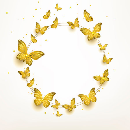flock of golden butterflies flying in a circle on a light backgroundのイラスト素材