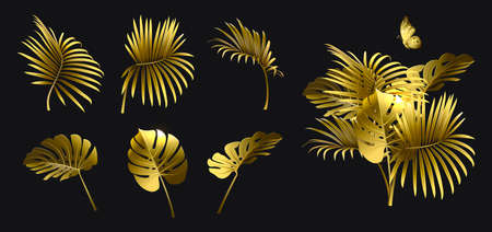 set of golden branches of tropical plants and a butterfly on black backgroundのイラスト素材