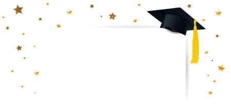 graduate cap and diploma with confetti of gold stars on a white backgroundのイラスト素材