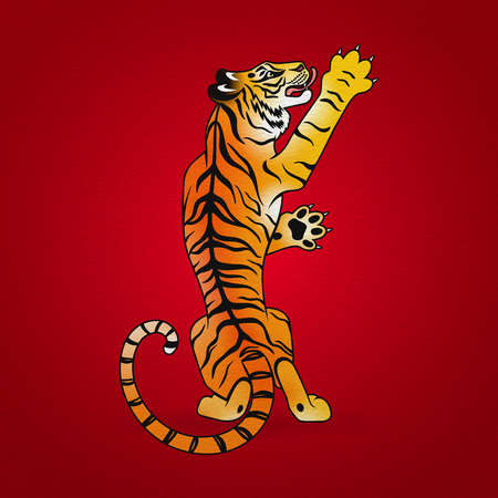 tiger standing on its hind legs on a red backgroundのイラスト素材