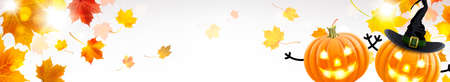horizontal banner with funny Halloween pumpkins and falling autumn leavesのイラスト素材