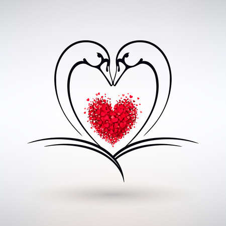 swans with red hearts symbol of love and passion on a light backgroundのイラスト素材