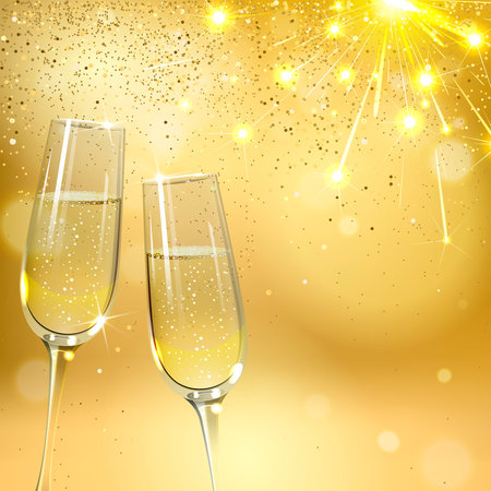glasses of champagne on the gold background and festive fireworksのイラスト素材