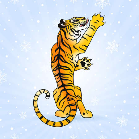 tiger catches snowflakes on a blue backgroundのイラスト素材