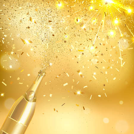 golden bottle of champagne with salute and confetti on golden backgroundのイラスト素材