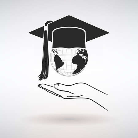 icon open hand with graduate cap on globe on light backgroundのイラスト素材