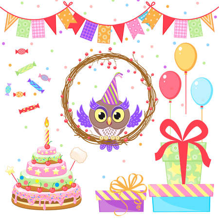 congratulatory set with funny owl and cake isolated on white backgroundのイラスト素材