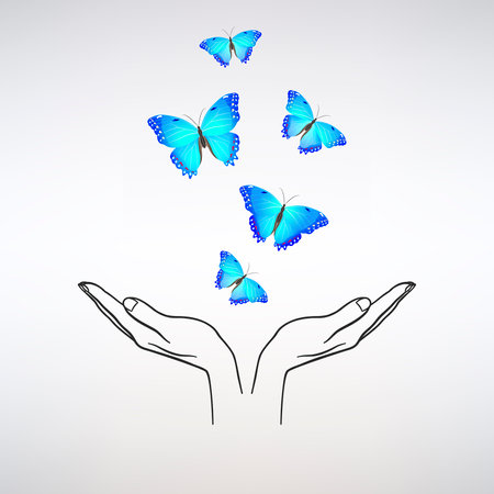 open hands release a flock of blue butterflies on a light backgroundのイラスト素材