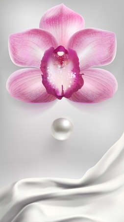 vertical banner with a purple orchid flower and pearls on a light backgroundのイラスト素材