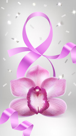 congratulatory banner with a purple orchid flower and a satin ribbon in the shape of an eight on a light backgroundのイラスト素材