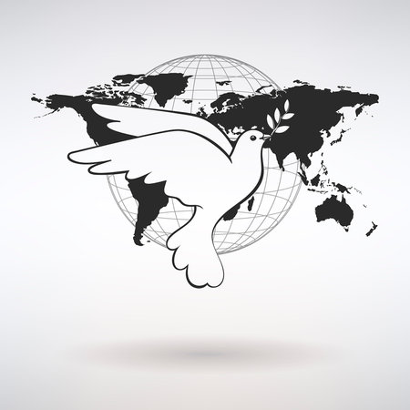 the dove of peace on the background of the world map carries an olive branchのイラスト素材