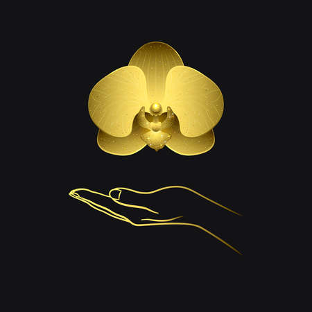 icon of a golden female hand with a golden orchid on a black backgroundのイラスト素材