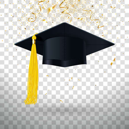 graduation cap with yellow tassel and gold confetti on a transparent backgroundのイラスト素材